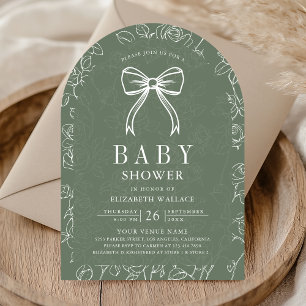 Salbeigrüne Linienkunst Coquette-Bogen Babyparty Einladung