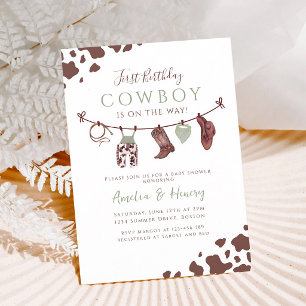 Salbeigrüne Little Cowboy Western-Baby-Party Einladung