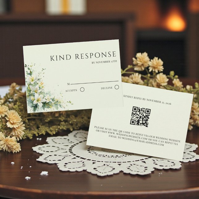 Salbeigrüne Maiglöckchen-Blumen-QR-Code-Hochzeit RSVP Karte (Sage Green Lily Valley Floral QR Code Wedding RSVP Card)