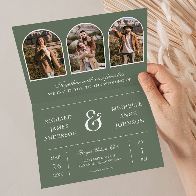 Salbeigrüne Minimal-Bogen-Foto-QR-Code-Hochzeit Einladung (Von Creator hochgeladen)