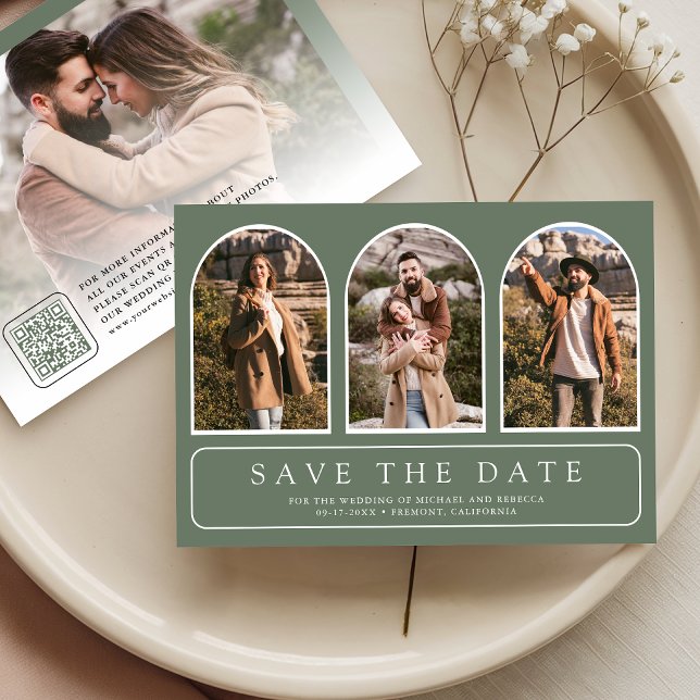 Salbeigrüne Minimale Bögen-Foto-QR-Code-Hochzeit Save The Date (Von Creator hochgeladen)