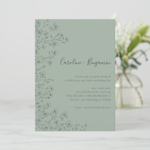 Salbeigrüne minimalistische Boho-Floral-Linienkuns Einladung