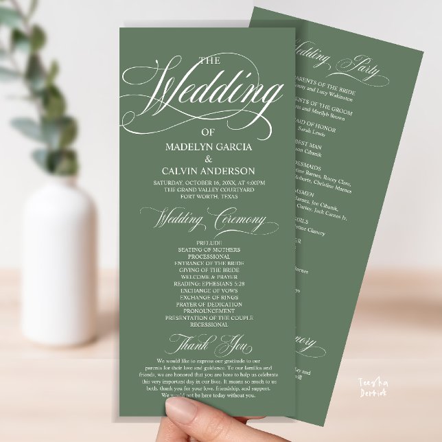Salbeigrüne moderne Skript-Hochzeit Alles in Einem Programm (Modern Script All In One Wedding Program Card in Sage Green)