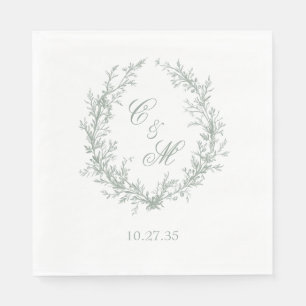 Salbeigrüne Monogramm Botanischer Kranz Hochzeit Serviette