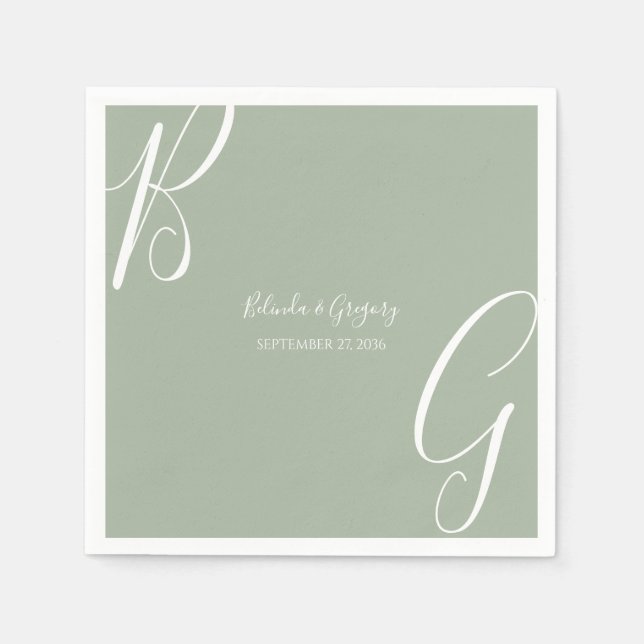 Salbeigrüne Monogramm-Initialen Hochzeit Serviette (Vorderseite)