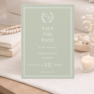 Salbeigrüne Monogramm-Kranz-Hochzeit Save The Date