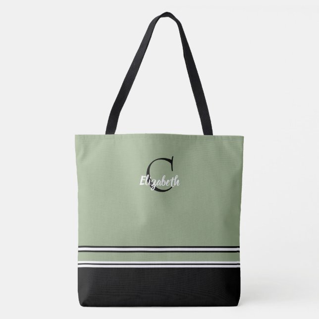Salbeigrüne Monogrammstreifen Personalisiert Tasche (Vorderseite)