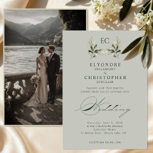 Salbeigrüne Olivenzweig-Monogramm-Foto-Hochzeit Einladung