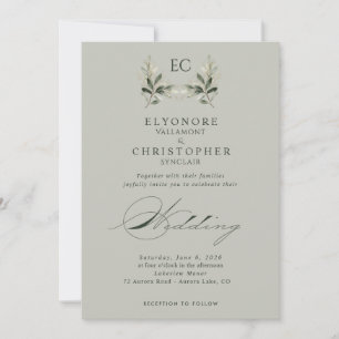 Salbeigrüne Olivenzweig-Monogramm-Foto-Hochzeit Einladung