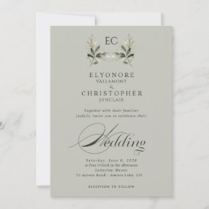 Salbeigrüne Olivenzweig-Monogramm-Foto-Hochzeit Einladung