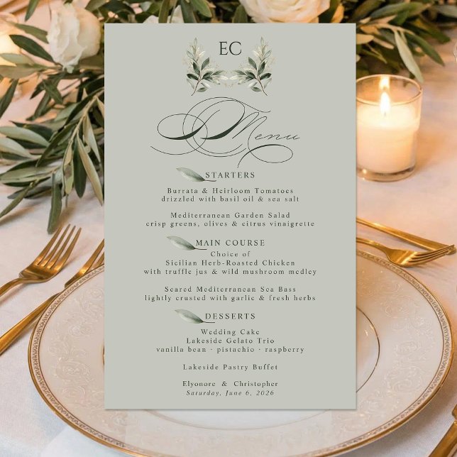 Salbeigrüne Olivenzweig-Monogramm-Hochzeitsmenü (Von Creator hochgeladen)