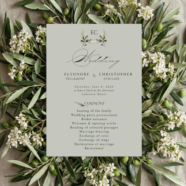 Salbeigrüne Olivenzweig-Monogramm-Hochzeitsprogram Programm (Von Creator hochgeladen)