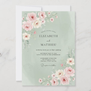 Salbeigrüne Pastellblüten Hochzeit im Frühling Einladung