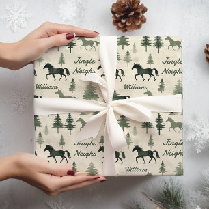 Salbeigrüne Pferde und Kiefern Geschenkpapier