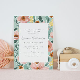 Salbeigrüne Pinke Vintage-Botanische Babyparty-Ein Einladung