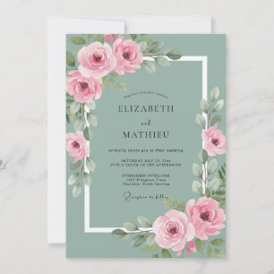 Salbeigrüne polierte Rose Botanische Hochzeit Einladung