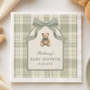 Salbeigrüne Preppy-Gingham-Teddybär-Baby-Party Serviette
