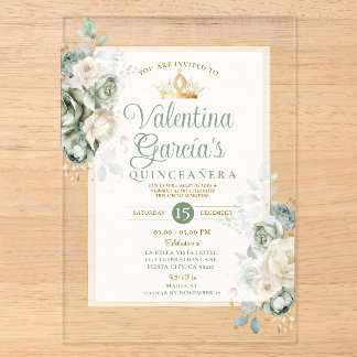Salbeigrüne Quinceañera 15 Jahre Blumen Goldkrone Acryleinladungen