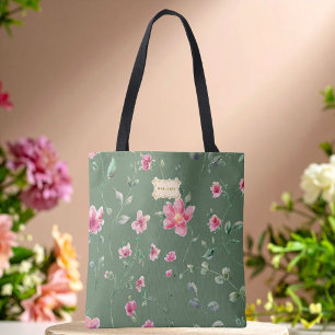 Salbeigrüne rosa Blumen Muster Trendy Klassiker Tasche
