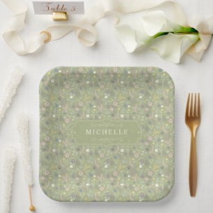 Salbeigrüne rosa weiße Blumen Florales Boho-Muster Pappteller
