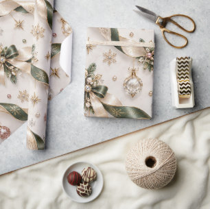 Salbeigrüne Rosé-Weihnachtsbänder Geschenkpapier