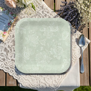 Salbeigrüne Rosen-Gartenparty Pappteller