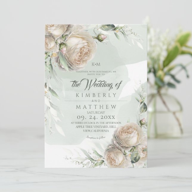 Salbeigrüne Rosen Grüne Hochzeit Einladung (Stehend Vorderseite)