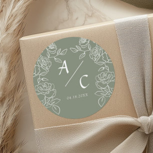 Salbeigrüne Rosen-Hochzeitsmonogramm Paar-Initiale Runder Aufkleber