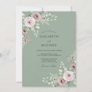 Salbeigrüne ruhige Rosenhochzeit Einladung