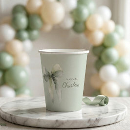 Salbeigrüne Schleifen-Gingham-Baby-Party Pappbecher