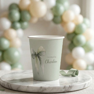 Salbeigrüne Schleifen-Gingham-Baby-Party Pappbecher