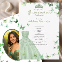 Salbeigrüne Schmetterlinge Kleid Tiara Quinceanera