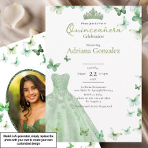 Salbeigrüne Schmetterlinge Kleid Tiara Quinceanera