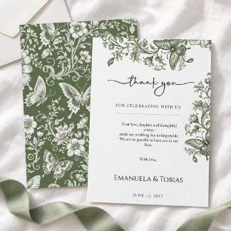 Salbeigrüne Schmetterlings-Blumen-Toile-Hochzeit Dankeskarte