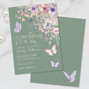 Salbeigrüne Schmetterlings-Wildblumen-Baby-Party Einladung