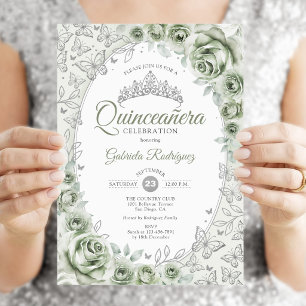 Salbeigrüne Silberne Florale Quinceanera Einladung