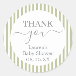 Salbeigrüne Streifen Baby Shower Rund Sticker