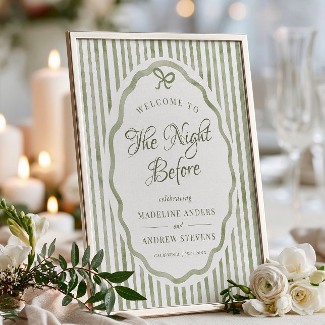 Salbeigrüne Streifen Garten Hochzeitsprobe Poster (Sage Green Stripes Garden Wedding Rehearsal Poster)