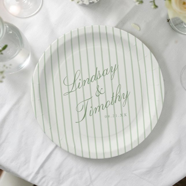 Salbeigrüne Streifen Retro-Hochzeit Pappteller (Von Creator hochgeladen)