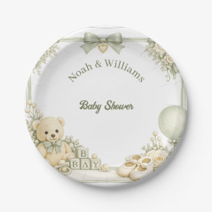 Salbeigrüne Teddybär-Baby-Party-Teller aus Papier Pappteller