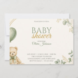 Salbeigrüne Teddybär-Baby-Shower-Einladung Einladung