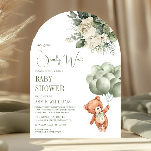 Salbeigrüne Teddybär-Ballon-Blumen-Baby-Party Einladung