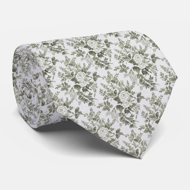 Salbeigrüne Toile-Blumen  Krawatte (Gerollt)