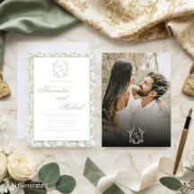 Salbeigrüne Toile-Blumen-Monogramm-Foto-Hochzeit