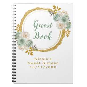 Salbeigrüne und goldene elegante Blumen Sweet Sixt Notizblock