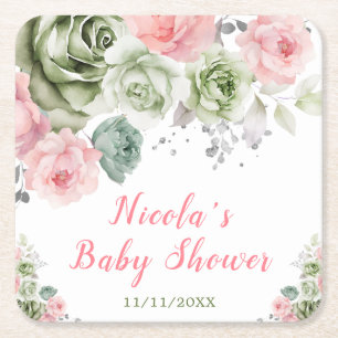 Salbeigrüne und rosa florale Babyparty Rechteckiger Pappuntersetzer