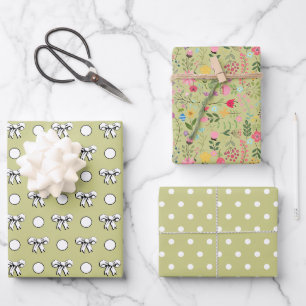 Salbeigrüne und weiße gepunktete Wildblumen Geschenkpapier Set