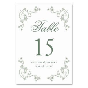 Salbeigrüne Vintage-Blumen-Hochzeitstisch-Nummer Tischnummer