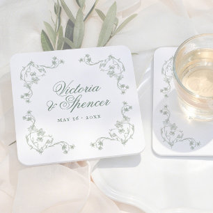 Salbeigrüne Vintage-Blumenhochzeit Rechteckiger Pappuntersetzer