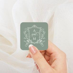 Salbeigrüne Vintage Crest Hochzeit Quadratischer Aufkleber
